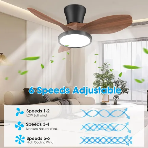 Miniatura 4 de ocioc Ventilador de techo silencioso con luz LED, motor de CC de 32 pulgadas, control remoto de gran volumen de aire, nogal para cocina, dormitorio