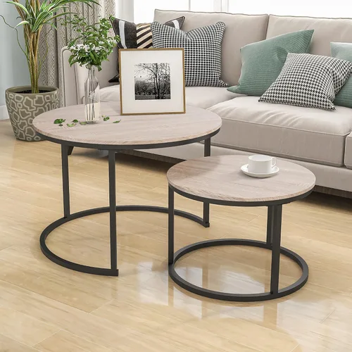 Miniatura 13 de HOJINLINERO Juego de 2 mesas de café redondas anidables, mesas auxiliares para sala de estar, mesa de café circular y de mármol con estructura