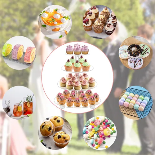 Miniatura 6 de YestBuy Soporte redondo de acrílico para cupcakes de 4 niveles con base, soporte premium para cupcakes, torre de exhibición de cupcakes de acrílico