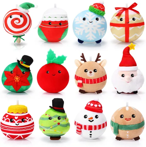 Aoriher 12 piezas Adornos de Navidad de felpa 8 centímetros Muñeca de felpa Juguetes de Papá Noel, muñeco de nieve, pan de jengibre, árbol de