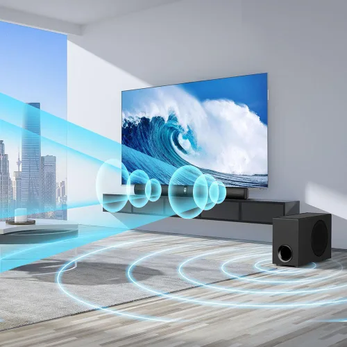 Miniatura 6 de Barra de Sonido 2.1 con Subwoofer, Barra de Sonido de 110W para Smart TV con Bajo Profundo Ajustable y Aumento de Volumen y 3 Modos de EQ