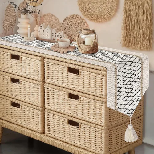 Miniatura 15 de yuboo Camino de mesa bohemio con extremo triangular, caminos de mesa pequeños de 36 pulgadas, cubierta de tocador de macramé para mesita de noche