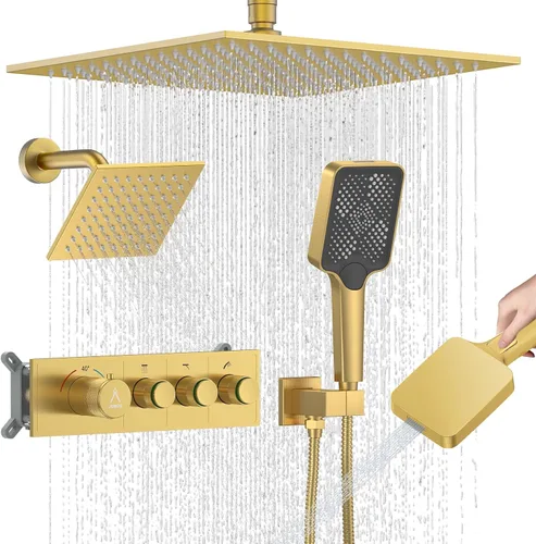 Miniatura 17 de Sistema de Ducha Moderno de Lluvia de Latón Juego de Grifería con Válvula y Desviador Mezclador de Ducha con Ducha de Mano de Alta Presión Regadera