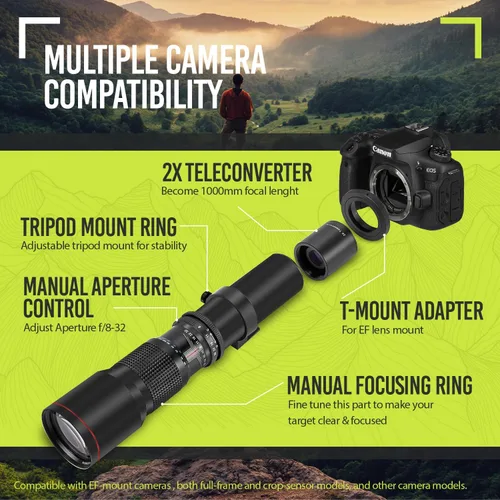 Miniatura 4 de Lente telefoto manual de 500mm/1000mm f/8 de alta potencia para Canon EOS 80D, 90D, Rebel T3, T3i, T5, T5i, T6i, T6s, T7, T7I, T8I, SL3, 60D, 70D