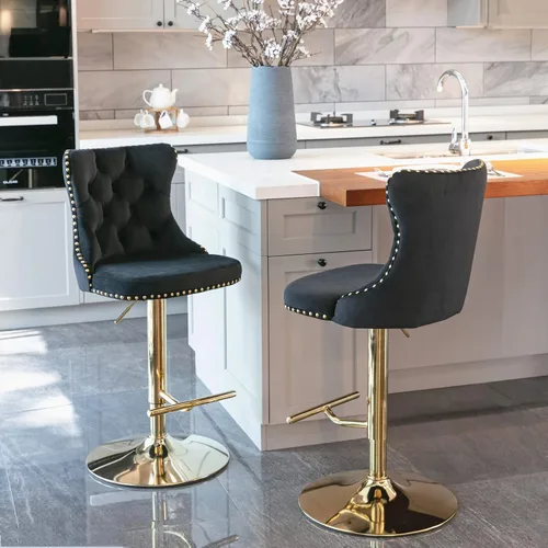 Miniatura 12 de Polibi Taburetes de bar giratorios, 2 piezas, altura del asiento ajustable de 25 a 33 pulgadas, sillas de bar tapizadas modernas con botón copetudo