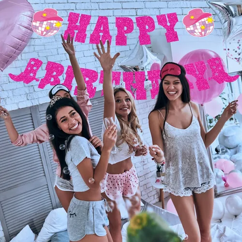Miniatura 5 de Decoraciones de feliz cumpleaños de vaquera occidental, bota con purpurina y sombrero de vaquera, guirnalda de bolas de discoteca para fiesta