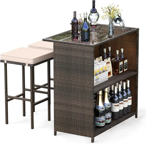 Miniatura 15 de Tangkula - Juego de barra para patio, 3 piezas de mimbre para exteriores, con 2 taburetes con cojines y mesa con cubierta de cristal, color gris