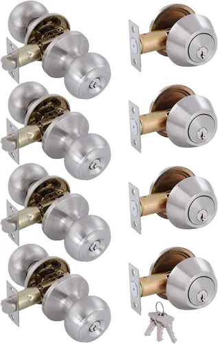 Miniatura 10 de Paquete de 2 pomos de puerta idénticos con llave, cerrojo de seguridad de un solo cilindro, pomos clásicos de níquel satinado para puerta exterior