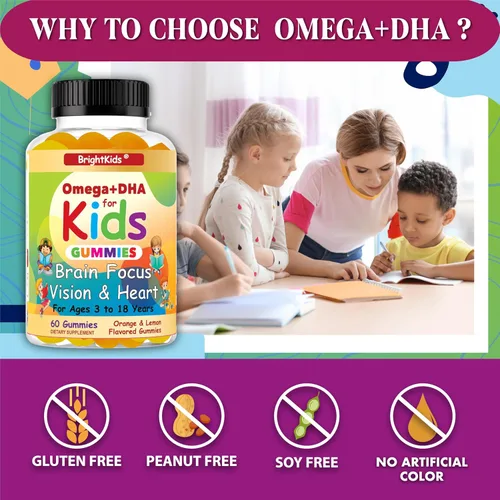 Miniatura 7 de BrightKids Gomitas Omega + DHA para niños y adolescentes, suplementos de concentración y atención para niños, gomitas de enfoque para niños, gomitas