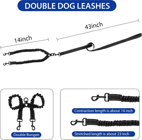 Miniatura 4 de YAODHAOD Correa doble para perro para dos perros, giratoria de 360° sin enredos con mango suave, amortiguador de golpes, reflectante, pesado, 2 Negro