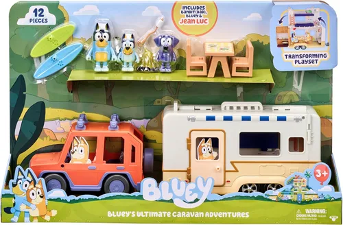 Bluey - Ultimate Caravan Adventures - Juego de caravana y tres figuras de 2.5-3 pulgadas y vehículo familiar de tracción en las cuatro ruedas con 2