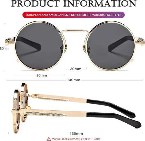 Miniatura 7 de AIEYEZO Gafas de sol redondas Steampunk con montura de metal gótico, 100% bloqueo UV