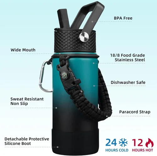 Miniatura 2 de BJPKPK - Botella de agua con tapa de popote, botellas de agua aisladas de 18 onzas con 3 tapas, asa de cuerda de paracaídas y base antideslizante