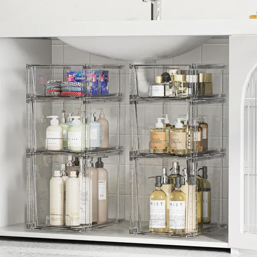 Miniatura 2 de Vtopmart Paquete de 3 cajones de almacenamiento apilables transparentes, organizadores de baño fáciles de montar y almacenamiento con asas, cajones
