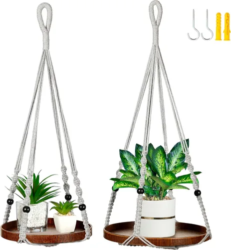 Miniatura 12 de Colgador de macramé de 2 niveles Colgador de plantas para interiores, maceta colgante Estante para macetas colgantes (beige)