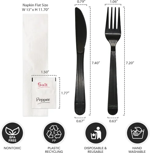 Miniatura 2 de Party Essentials Juego de utensilios de plástico resistentes envueltos individualmente, 50 juegos para catering de fiestas, Negro