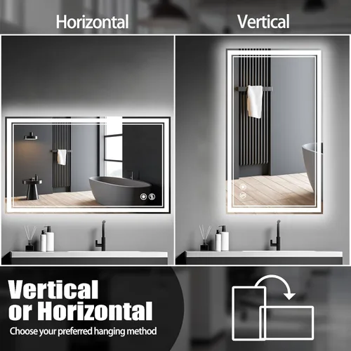 Miniatura 9 de Espejo LED de 48 x 28 pulgadas para baño, espejo de baño antivaho con luces regulables, 3 colores, luces delanteras y retroiluminadas, espejo