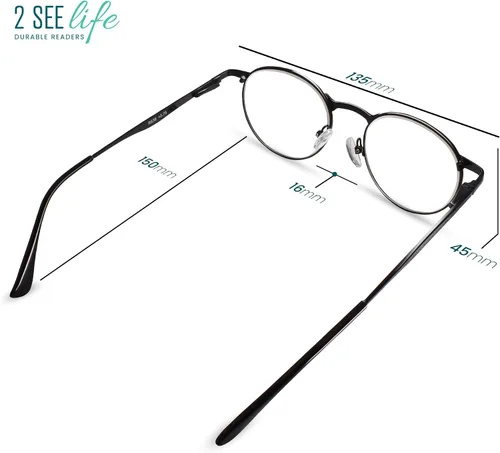 Miniatura 8 de 2SeeLife Gafas de lectura redondas con borde de alambre de metal para hombres y mujeres, ajuste medio y ancho, duraderos, bisagras de resorte, Negro