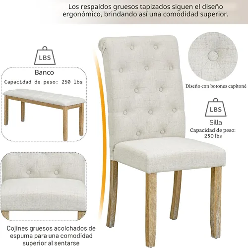 Miniatura 8 de Merax - Juego de 6 mesas de comedor de madera maciza para 6, mesa de cocina rectangular de granja con 5 sillas tapizadas y 1 banco, juego de comedor
