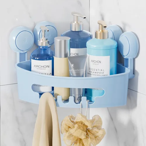 LEVERLOC Organizador esquinero para ducha con ventosa, cesta de ducha potente con ventosa, organizador impermeable y resistente al óxido para