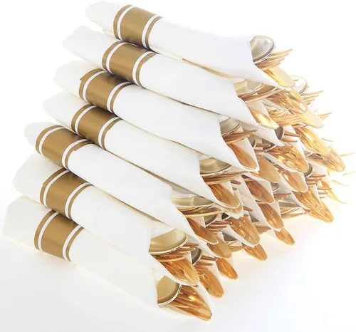 Miniatura 22 de Supernal Juego de 30 Cubiertos de Plástico Dorado Preenvueltos con Servilletas, Juego de Cubiertos de Plástico Envueltos, Utensilios Desechables