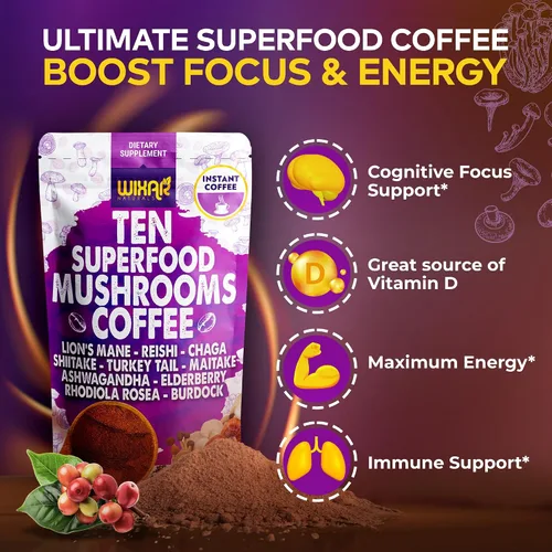 Miniatura 5 de WIXAR Superfood - Café de hongos, café instantáneo en polvo, diez extractos de superalimentos con melena de león, cola de pavo, Reishi, Chaga
