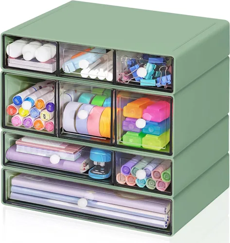 Organizador de escritorio con 9 cajones, cajones de almacenamiento para manualidades de escritorio apilables de 4 niveles, caja de almacenamiento
