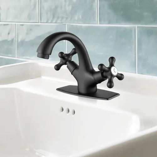 Miniatura 8 de gotonovo Grifo de lavabo de baño de un solo agujero, doble mango cruzado, pomos mezcladores para lavabo con drenaje desplegable y placa de cubierta