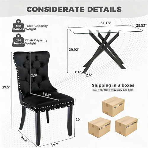 Miniatura 3 de Juego de mesa de comedor de 51 pulgadas de vidrio para 4, mesa de cocina rectangular de vidrio con 4 sillas tapizadas con acentos de terciopelo