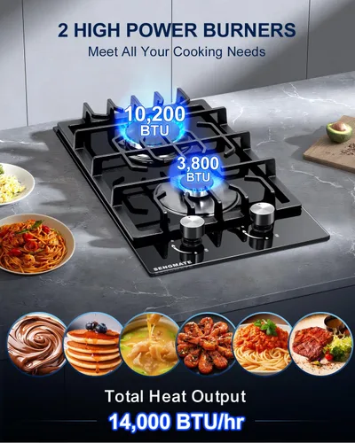 Miniatura 3 de Placa de cocina de gas de 12 pulgadas, estufa de gas de 2 quemadores, instalación integrada o de encimera, vidrio templado negro, convertible a