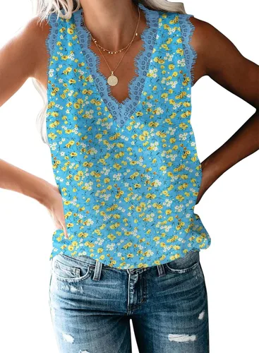 Miniatura 267 de VIISHOW - Camiseta sin mangas, sexy, con cuello en V y bordes de encaje para mujer, camisola de vestir, camisas de gasa, sin mangas, casuales