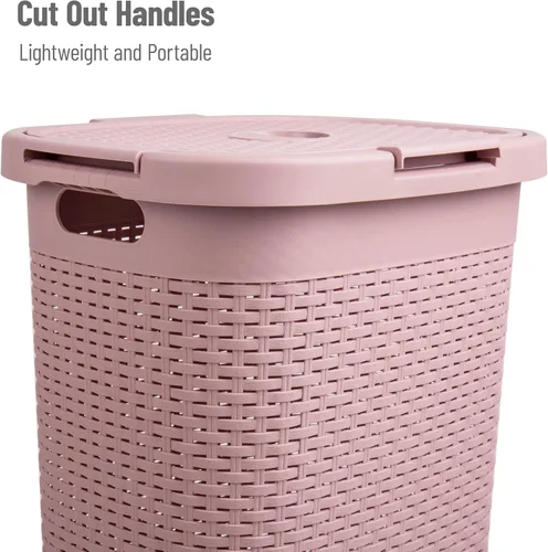 Miniatura 4 de Mind Reader Cesta de lavandería delgada con tapa, cestas de ropa de 60L, diseño de mimbre premium, plástico, paquete de 2, rosa