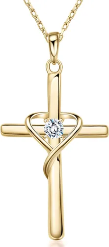 AmorAime Collar con cruz de plata de ley 925 para mujeres y hombres, chapado en oro de 14 quilates, collares de piedra natal de circonita cúbica 5A