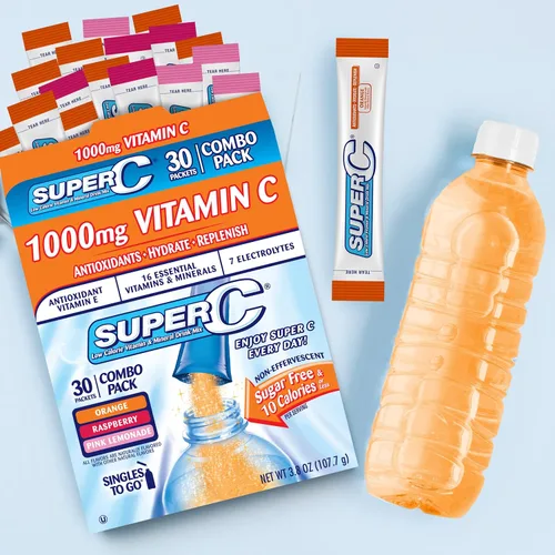 Miniatura 5 de Super C Paquetes de polvo Singles to Go, mezcla de bebida de agua, paquete variado, naranja, frambuesa y limonada rosa, para llevar, 30