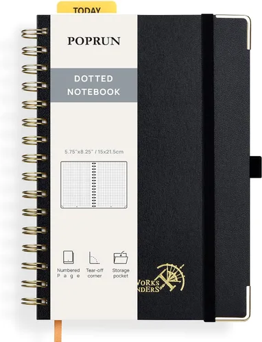 POPRUN - Cuaderno de notas con espiral y puntos, diario A5 de 5.75" x 8.25", papel grueso de 120 gsm, 141 páginas numeradas, tapa dura para hombres