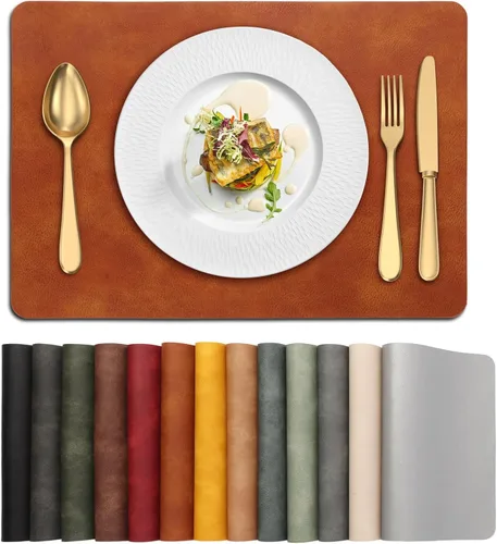 UnivoColors Juego de 4 manteles individuales de cuero de vaca lavado con patrón PU, resistentes al calor, para mesa de cocina, impermeables, Marrón
