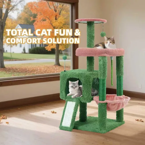 Miniatura 6 de TWDEPART Torre de árbol para gatos todo en uno de 37.5 pulgadas con tabla de rascar y postes, acogedora hamaca para dormir y pelotas de juguete
