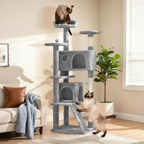 Miniatura 2 de Yaheetech - Torre de árbol para gatos de 62 pulgadas, mueble para mascotas con doble refugio, postes para rascar, múltiples plataformas y pelotas