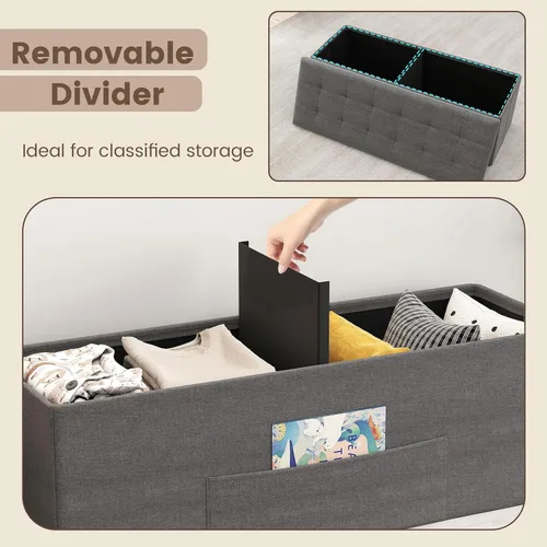 Miniatura 7 de Giantex Banco otomano de almacenamiento, 43 pulgadas de largo, plegable, con bolsillo lateral, divisor, banco de zapatos acolchado para sala de Gris