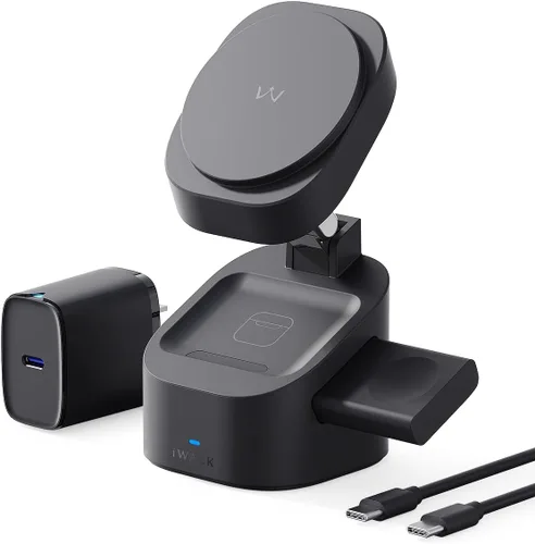 iWALK Soporte de carga inalámbrico magnético 3 en 1, estación de carga plegable de 15 W para iPhone 16/15/14/13/12, Apple Watch y AirPods, base