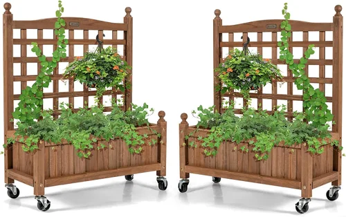 Miniatura 11 de Giantex Cama elevada móvil para plantas, maceta de madera con enrejado y ruedas, caja de flores para escalada de plantas, jardín vertical