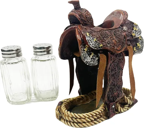 Urbalabs Western Saddle Wagon Wheel Spur and Belt Country Star Cowboy Roper Star - Salero y pimentero con hebilla de estrella, carrito para mesa de