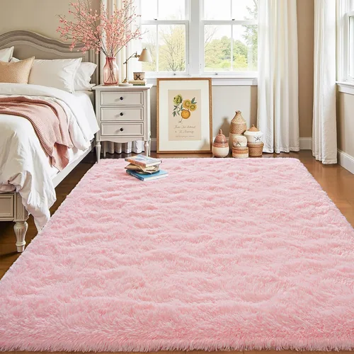 Miniatura 6 de Keeko Alfombras de área de color rosa esponjosas para dormitorio, habitación de niñas, 4 x 5.3 pies, bonita alfombra de pelo largo para habitación