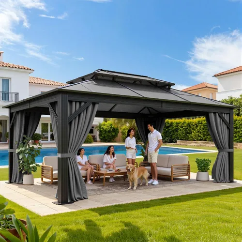 Miniatura 11 de YITAHOME Cenador de policarbonato de 10 x 12 pies para patio al aire libre, doble techo de hierro galvanizado, columna de aluminio, cortinas