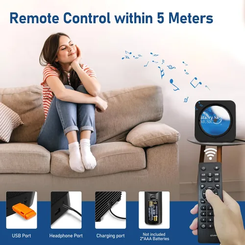 Miniatura 3 de Reproductor de CD portátil Bluetooth 5.1 reproductor de CD de escritorio con altavoces de sonido de alta fidelidad, control remoto, cubierta Negro