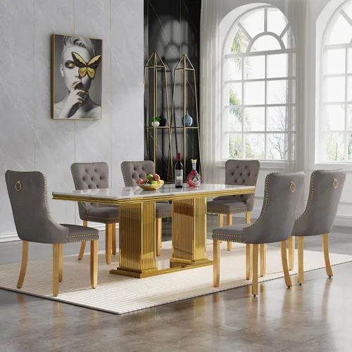 Miniatura 39 de Juego de mesa de comedor de 5 piezas, moderno juego de mesa de comedor para 4, 70 pulgadas, juego de mesa de comedor de mármol sintético blanco