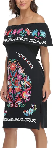 Miniatura 3 de YZXDORWJ Vestido bordado mexicano para mujer cuello con volantes sin mangas