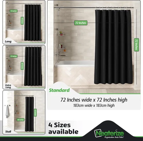 Miniatura 3 de NEATERIZE Cortina de Ducha Negra para Baño - Cortina de Ducha Waffle Estilo Hotel - Cortina de Baño de 72x72 Pulgadas - Cortinas De Baño