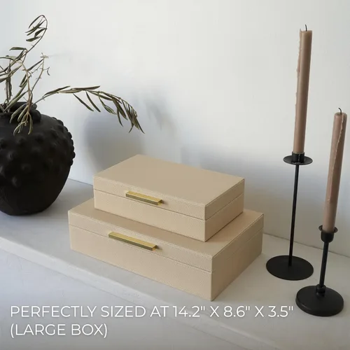 Miniatura 4 de ZICOTO Moderno juego de 2 cajas de almacenamiento decorativas con asas de metal negro, caja organizadora de joyas de piel sintética, caja