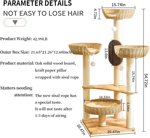 Miniatura 7 de Árbol para gatos de interior, torre para gatos de varios niveles de 54 pulgadas para adultos grandes, casa de árbol resistente para gatos con 4